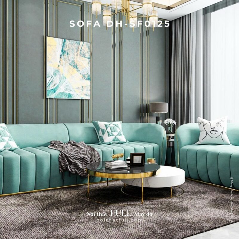 Sofa DH - SF0125 Màu Xanh Dương Sậm Phối Viền Inox Mạ Vàng – Thanh Lịch & Mạnh Mẽ Trong Từng Đường Nét