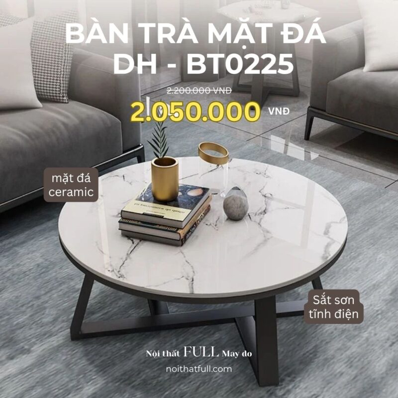 Bàn Trà Tròn Hiện Đại DH - BT0225 | Mặt Đá Ceramic – Chân Sắt Sơn Tĩnh Điện
