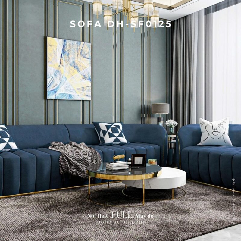 Sofa DH - SF0125 Màu Xanh Dương Sậm Phối Viền Inox Mạ Vàng – Thanh Lịch & Mạnh Mẽ Trong Từng Đường Nét