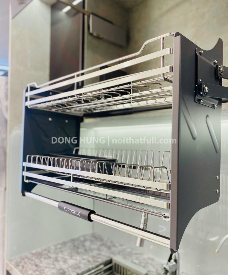 Giá bát đĩa nâng hạ inox 304 nan tròn khung màu ghi EUI304190 – Eurogold