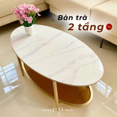 Bàn trà 2 tầng mặt đá Lamar chân sắt mạ vàng 1000x500mm