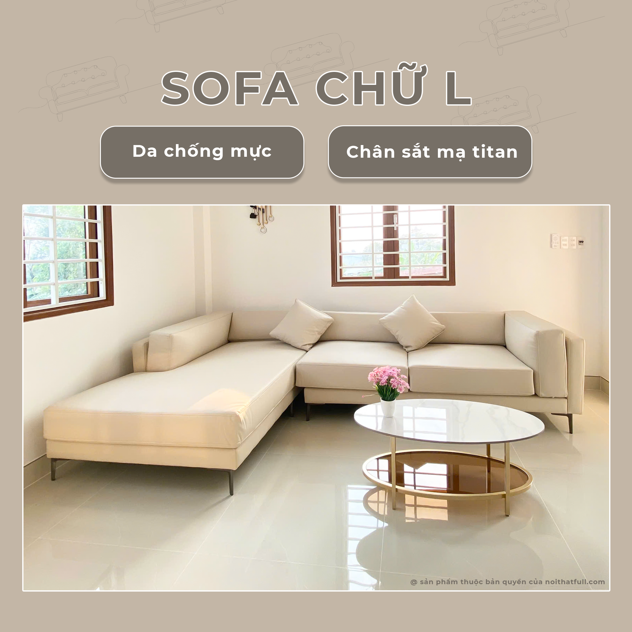 Sofa L da chống mực chân sắt mạ titan cao cấp – lựa chọn tối ưu cho không gian sống hiện đại Sofa L da chống mực chân sắt mạ titan cao cấp – lựa chọn tối ưu cho không gian sống hiện đại